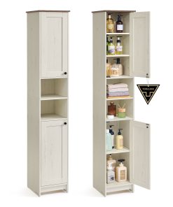 Slim freestanding storage cabinet with adjustable shelves