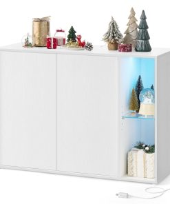 SONGMICS HOME Storage Cabinet. Superfast Toolless Assembly. Accent Buffet Cabinet with Lighting and Glass Shelf. Sideboard for Living Room. Snow White UBBK372W02