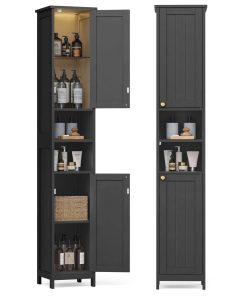 Tall storage cabinet with lights adjustable shelves for small spaces