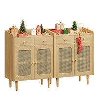 VASAGLE BOHOVEN Collection - Buffet Cabinets. Set of 2. Sideboard Storage Cabinets with Rattan-Like Doors and Drawers. Accent Cabinets. Adjustable Shelf. Boho Style. for Living Room. Oak Beige