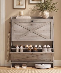 VASAGLE Shoe Storage Cabinet Organizer with 2 Flip Drawers. Freestanding Narrow Shoe Rack Cabinet for Entryway. Farmhouse Style