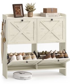 VASAGLE Shoe Storage Cabinet Organizer with 4 Flip Drawers. Freestanding Narrow Shoe Rack Cabinet for Entryway