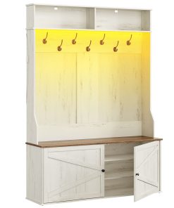Farmhouse Hall Tree with Bench Shoe Storage and LED Light
