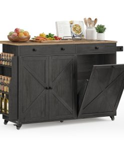 VASAGLE Mobile Kitchen Island with Trash Can Storage. Drop Leaf. Portable Island with Spice Rack