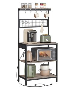 VASAGLE Bakers Rack with Charging Station. 31.5 Inches Coffee Bar Stand with Adjustable Storage Shelf. Grid Panel. 12 Hooks. Table for Microwave. Kitchen. Heather Greige and Ink Black UKKS016K02