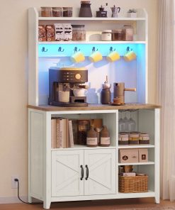 Farmhouse Coffee Bar Rack with LED Lights and Power Outlet