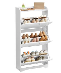 Shoe cabinet with flip drawers and adjustable dividers