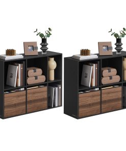 SONGMICS Home Bookshelf. Superfast Toolless Assembly. Cube Storage Organizer with 6 Compartments. Set of 2 Bookcase. 4 Fabric Drawers. Natural Walnut and Ebony Black UZH2507020