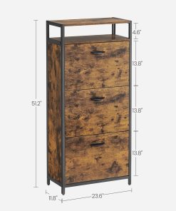 Shoe Cabinet with 3 Flip Drawers. Shoe Storage Cabinet. Asjustable and Removable Dividers. Holds 15-18 Pairs of Shoes. 11.8 x 23.6 x 51.2 Inches. Rustic Brown and Black