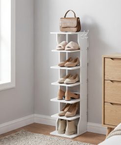 Tall vertical shoe rack tower with hooks for entryway and bedroom