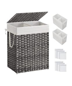 SONGMICS Laundry Hamper with Lid. 90L Clothes Hamper with 2 Removable Liner Bags. 6 Mesh Bags. Wicker Laundry Basket. Double Laundry Hamper for Bathroom. 13 x 18.1 x 23.6 Inches. Gray
