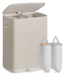 SONGMICS Laundry Basket with Lid. 42.2 Gallons. 2-Compartment Laundry Hamper with Handle and Pedal. Removable Liner. Easy Assembly. 22 x 18.5 x 29.5 Inches