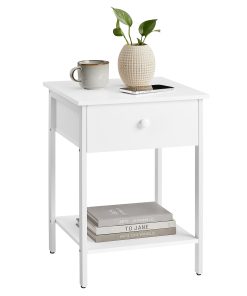 Nightstand. End Table. Side Table with Drawer and Shelf. 15.7 x 15.7 x 21.7 Inches. Bedroom. Steel Frame. Easy Assembly. Modern. Matte White
