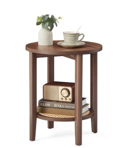 Round Side End Table. 2-Tier Boho Bedside Table with Rattan-Look Storage Shelf
