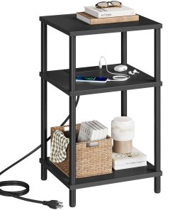 VASAGLE Side Table with Charging Station. 3-Tier Small Tall End Table