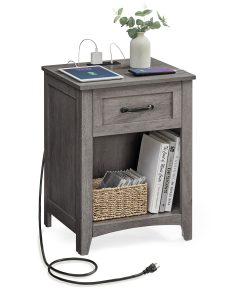 VASAGLE Farmhouse Nightstands with Charging Station. Set of 2. Bedside Tables with Drawer