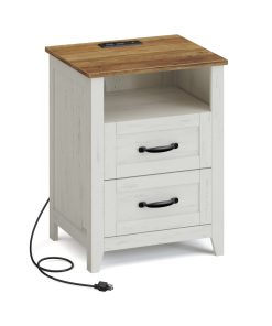Liry Collection - Farmhouse nightstand with charging station drawers and open shelf