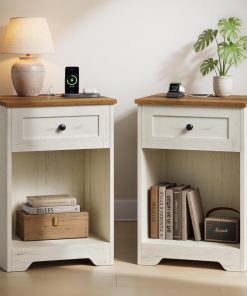 VASAGLE Traditional Basic Nightstand with Charging Station. Wood End Table with 1 Drawer and Open Shelf