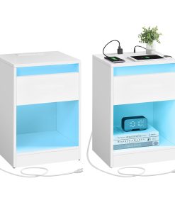 VASAGLE Set of 2 LED Nightstands with Charging Station. Adjustable Colors. 2 AC Outlets