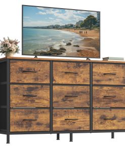 SONGMICS Dresser with 9 Fabric Drawers. TV Stand for TVs Up to 55 Inches | Wide Dresser. Chest of Drawers for Bedroom and Living Room