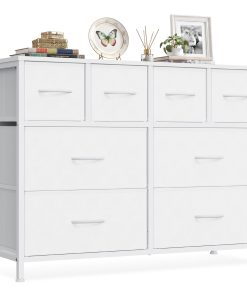 Wide fabric dresser with steel frame and wooden top