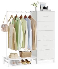 3-in-1 Dresser with Garment Rack 5 Fabric Drawers & Bottom Shelf