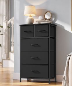 Tall fabric dresser with steel frame and wooden top