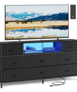 SONGMICS Dresser for Bedroom with Outlets & LED Lights. 8 Fabric Drawers. 13.8D x 57.8W x 26.8H (8 Drawers)
