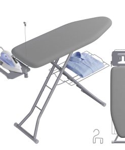 Adjustable ironing board with rest and storage rack