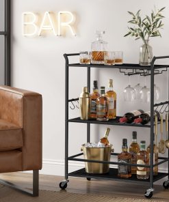 Rolling Bar Cart with Wine Rack and Glass Holder