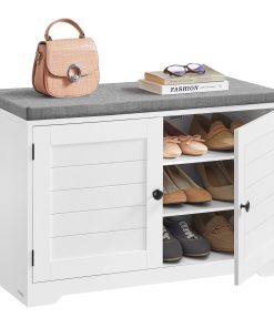 Shoe storage bench with cushioned seat. doors and adjustable shelves