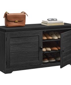 Shoe storage bench with cushioned seat. doors and adjustable shelves