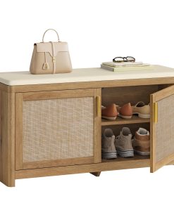 VASAGLE Boho Shoe Bench with Cushion. 2 Rattan-Look Cabinet Doors