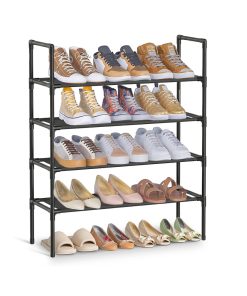 Slim metal shoe rack with fabric shelves for hallway closet