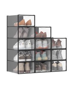SONGMICS Stackable Shoe Boxes. Set of 12 Plastic Shoe Organizers with Door