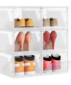 Stackable plastic shoe storage boxes with magnetic doors