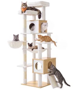 Feandrea Tall Cat Tree. 8-Tier Wood Tower with 2 Condos. Scratching Post