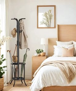 Metal coat rack stand with umbrella holder for entryway and hall