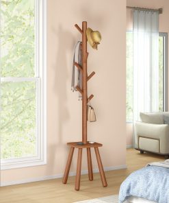 Tall freestanding coat rack with hooks and shelf for entryway