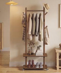 Freestanding wooden entryway organizer with hooks shelves and wheels