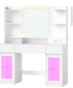 Vanity Desk with LED Lights and Power Outlet