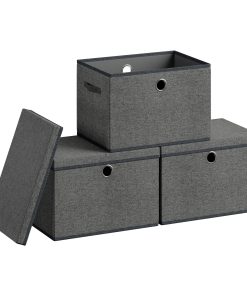 SONGMICS Storage Bins with Lids. 3 Pack Stackable Fabric Storage Boxes. Odorless PP Sheets. Foldable Cube Baskets Organizers with Handles