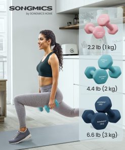 SONGMICS Hex Dumbbells Set with Stand - 2 x 1 kg. 2 x 2 kg. 2 x 3 kg. Neoprene Matte Finish. Hand Weights for Home Exercise. Pink. Aqua. and Blue