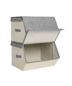 SONGMICS HOME Stackable Storage Bins. Fabric Storage Boxes with Lids. Stackable Storage Cubes with Magnetic Closures. a Semi-Open Front. Lid Can Stay Open after Stacked up. Set of 2. Gray