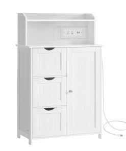 Freestanding storage cabinet with power outlet for bathroom