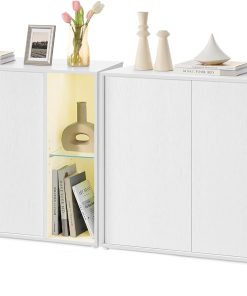 SONGMICS HOME Storage Cabinets. Superfast Toolless Assembly. Accent Buffet Cabinet with Lighting and Glass Shelf. Set of 2 Sideboards for Living Room. Snow White