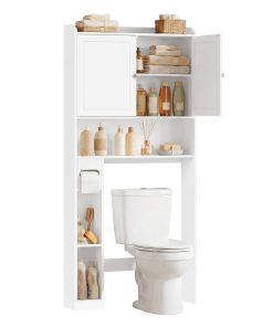 Bathroom storage shelf with paper holder over toilet