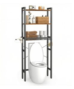 Bathroom organizer with adjustable shelves. basket and hooks over toilet