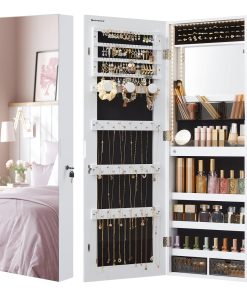 Hanging Jewelry Cabinet Armoire with Built-in Mirror and LED Lights