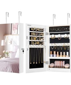 Wall-Mounted Mirror Jewelry Cabinet Armoire with LED Lights